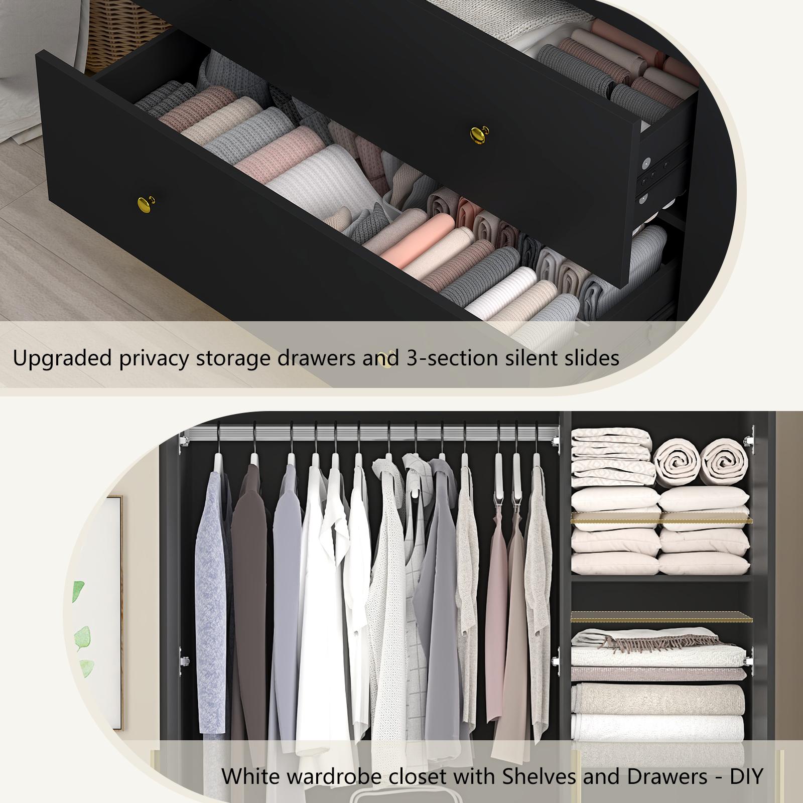 3 Doors Armoire Wardrobe Closet with Mirror, LED Armoire with Doors and Drawers, Wooden Armoire Storage Cabinet with Hanging Rod, Adjustable Shelves, (White/Black/brown）