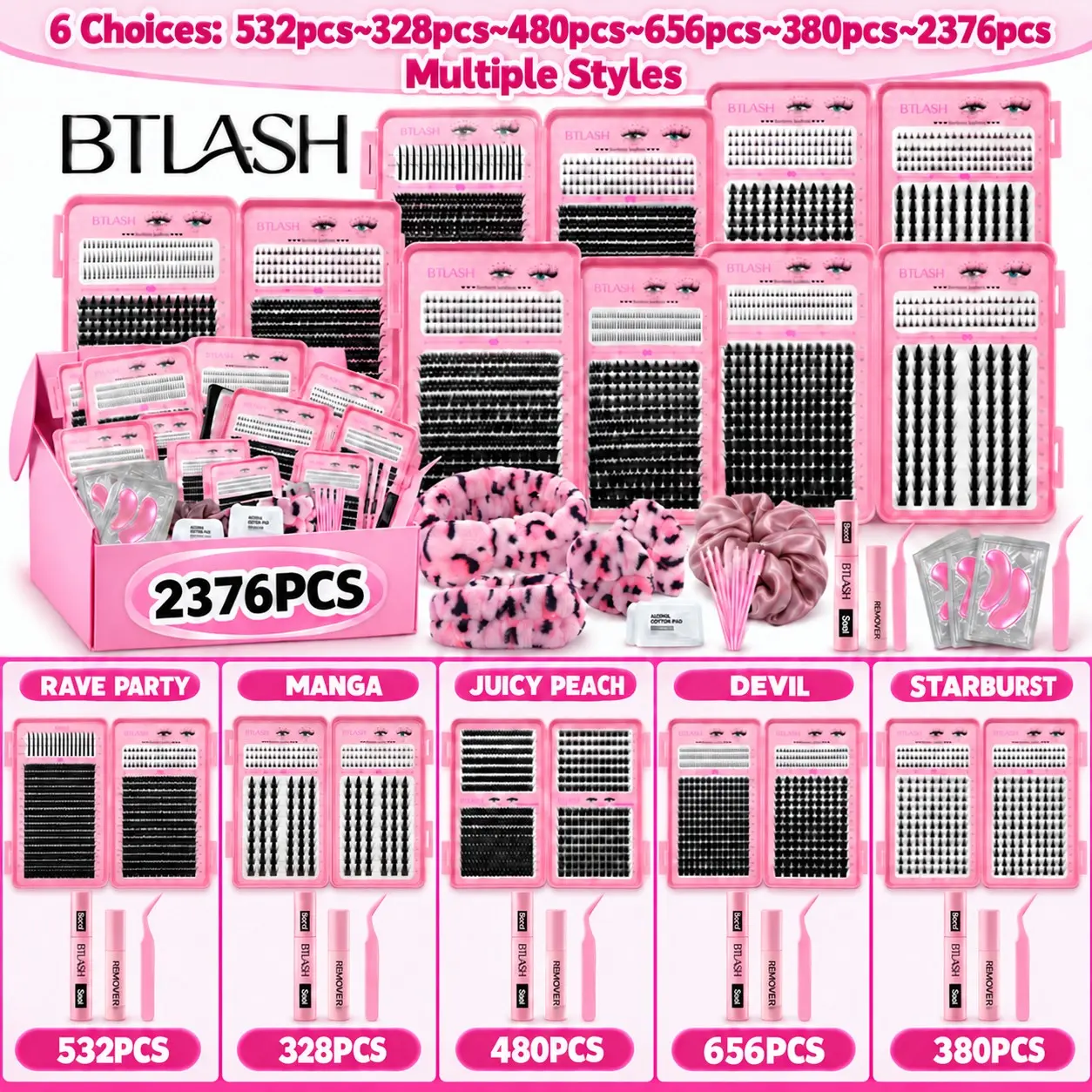 5 Styles 2376pcs Eyelash Bundles Set with Extensions, Includes pink lady/Rave party/Manga/Juicy peach/Devil/Starburst,50D, 80D, 100D, 150D,Spikes, 10-18mm Length, Clusters, DIY Kit, Cluster False Lashes