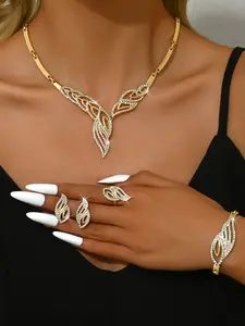 Luxurious 5-Piece Rhinestone Jewelry Set, Geometric Necklace Bracelet Ring Earrings, Perfect for Women Weddings Parties Holidays