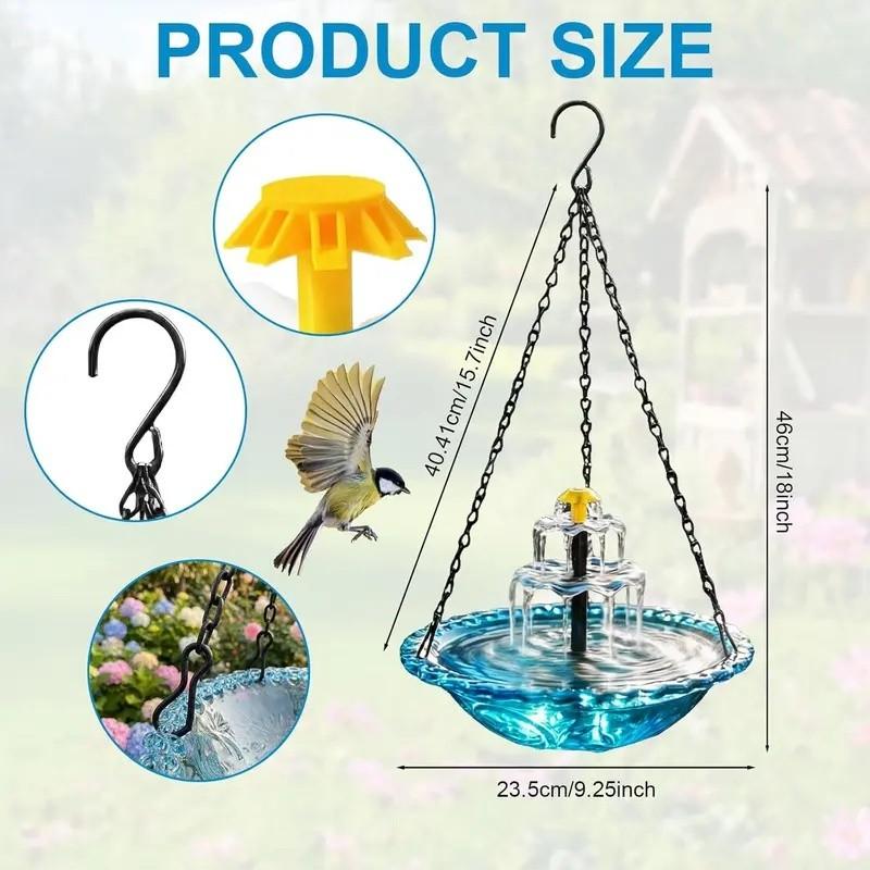 2026 Solar Cascade Hanging Bird Bath Fountain, a three-tier outdoor water feature for hummingbirds, easy to clean, Easy installation, with a 9.3-inch glass basin, equipped with a solar pump, attracting wild birds to the garden and terrace