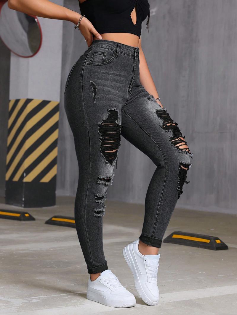 Women's Trendy Fashion Ripped Denim High Stretch Comfortable Slim Fit Pants, Casual Young Style Long Trousers for All Seasons