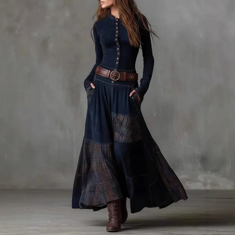 Women's Modest Islamic Designer Regular-Sleeve Long-Skirt Dress - Vintage Patchwork, High-Waisted, Elastic Wide-Leg, Loose Fit, Casual Modest Clothing, Modest Dresses