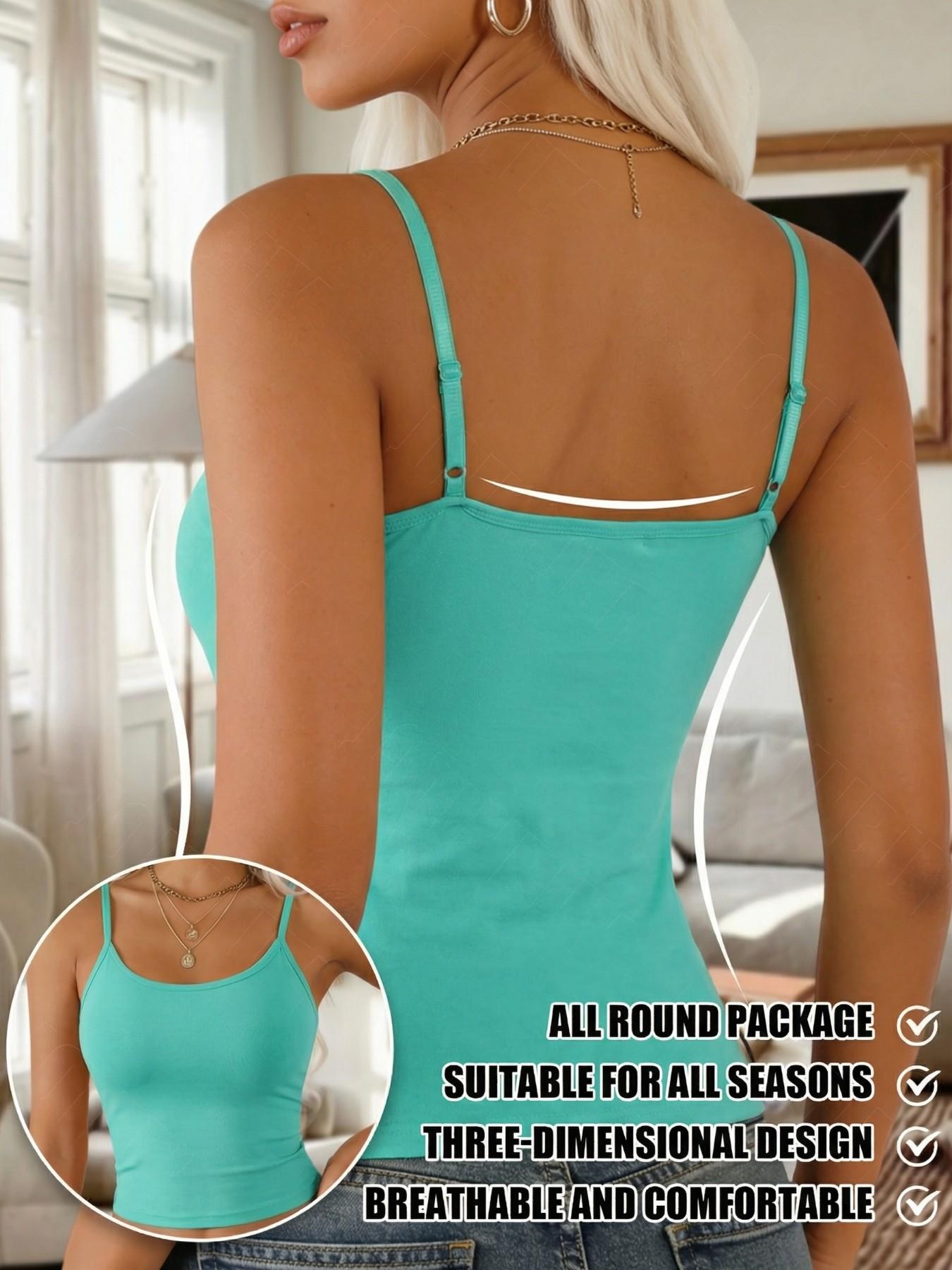 Women's Summer Thin Farbic 2-In-1 Bra Cup Tank Top, Adjustable Straps, Fresh&Comfortable Plain Inner Layer, Sleeveless Fitted Soft Vest,Home&Sleep Cami Top