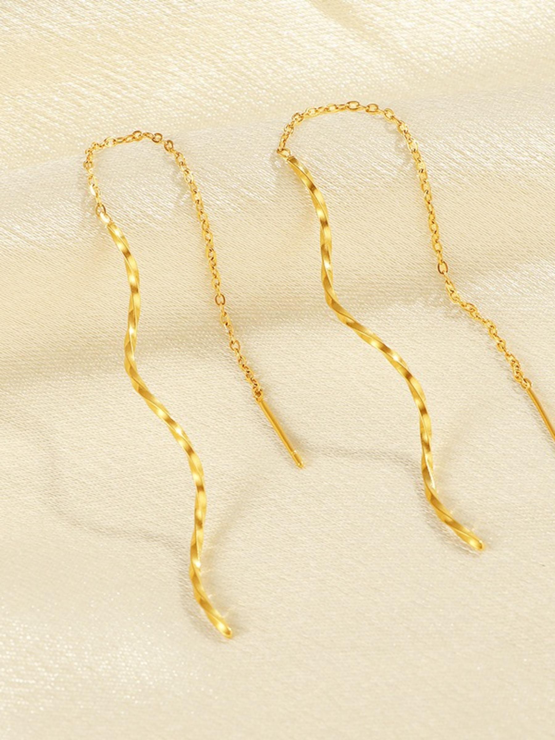 K-style Wavy Ear Line for Women, Elegant Long Earrings, New Trend 2026, Fashionable 18K Gold, Face-Slimming, Luxurious, Perfect for Dates