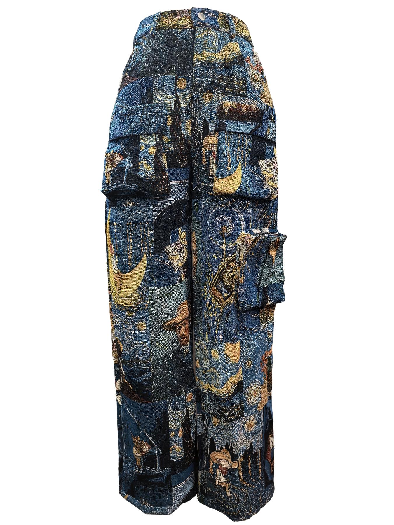 Women's Patchwork Art Print Pocket Cargo Pants, Casual Street Trousers for Daily Wear, Ladies Bottoms for All Seasons, Baggy Pants