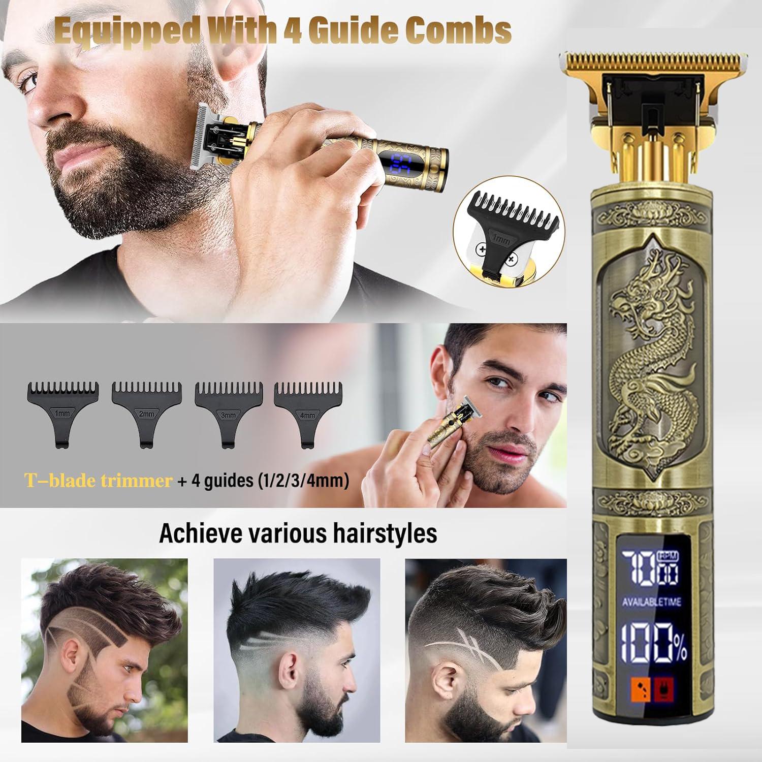 LCD Display Hair Clipper and Razor Set, Professional Cordless Hair Trimmer and Shaver with Guide Comb, Charging Cable and Cleaning Brush, Barber Hair Cutting Kit, Barber Clippers