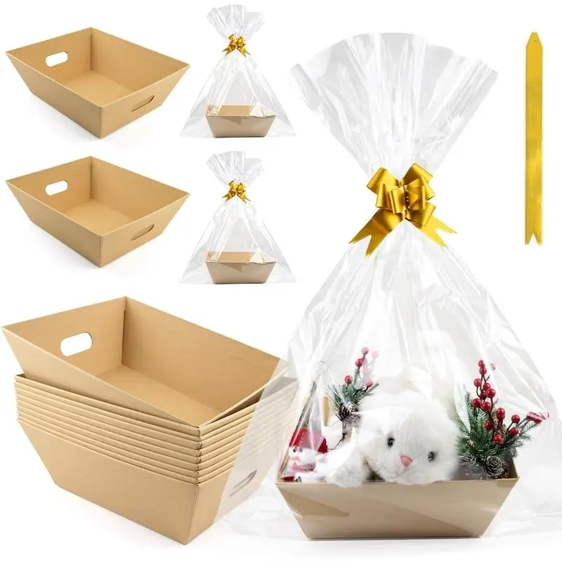 10PACK Empty Gift Basket Set, 11.8x9.8" Thick Kraft Market Tray Gift Basket |   With 10 Bows 10 Bags Empty Gift Baskets for Christmas Thanksgiving Valentine Easter Wedding Birthday Party Gift Wrapping