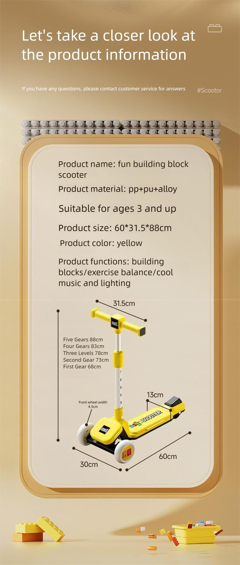 Kids Scooter 3 Wheels for 3-9 Years Height Adjustable Foldable with DIY Bricks LED Flashing Wheels Heavy Duty Outdoor Toy Gift Light up