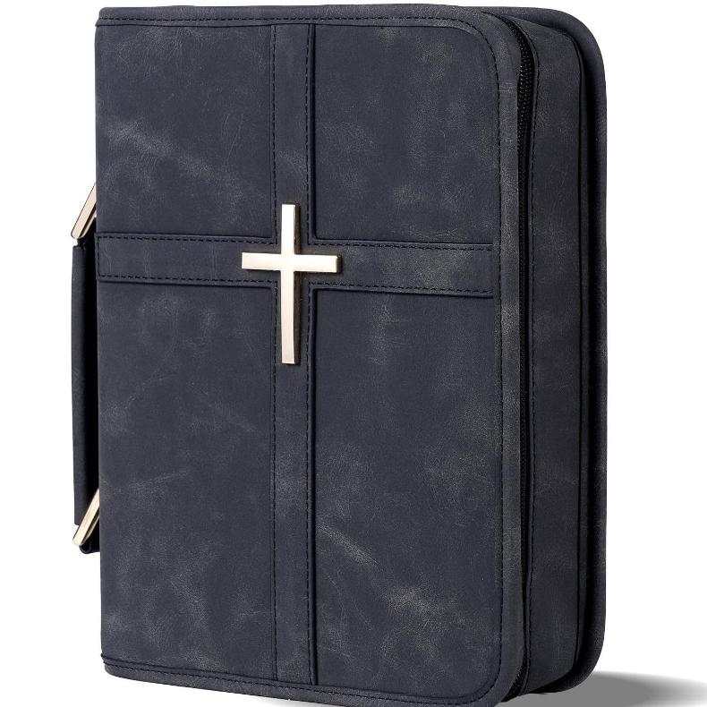 Classic Vegan Leather Bible Cover with Metal Cross Design Handle Zipper Bible Case Organizer Bag Durable Bible Study Supplies Carrying Bag for Men Women Christian Religious Daily Use Black