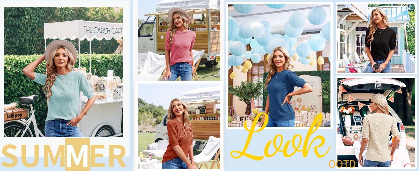 Saodimallsu Summer Tops for Women Short Sleeves Pullover Sweaters Knit Blouse Cute Dot Sweater Shirt