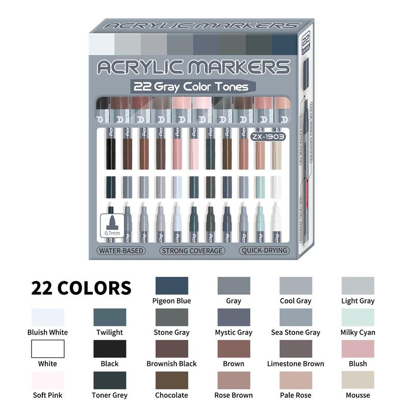22-piece/Color Acrylic Paint Markers, Professional Color Series, Skin Tone Series, Gray Tone Series, Ultra-Fine 0.7mm Fine Tip, Acrylic Markers, Acrylic Felt, Felt Coloring, Alcohol Markers, Art Supplies, Student Learning School Studio Supplies
