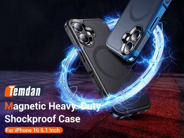 Temdan Designed for iPhone 16 Case Magnetic Dropproof Heavy Duty Tough Rugged Shockproof Phone Case Smartphone Cover Protector Protection