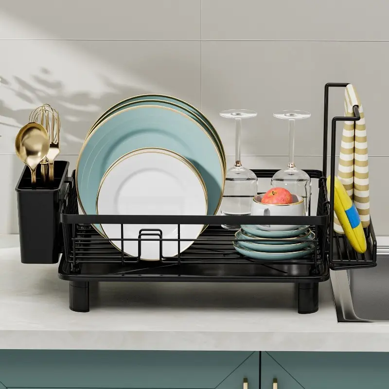 Stainless Steel Dual Layer Dish Drainer Rack, Space-Saving Kitchen Organizer, Anti-Rust Automatic Drainage, Non-Slip Feet, Cutlery Holder
