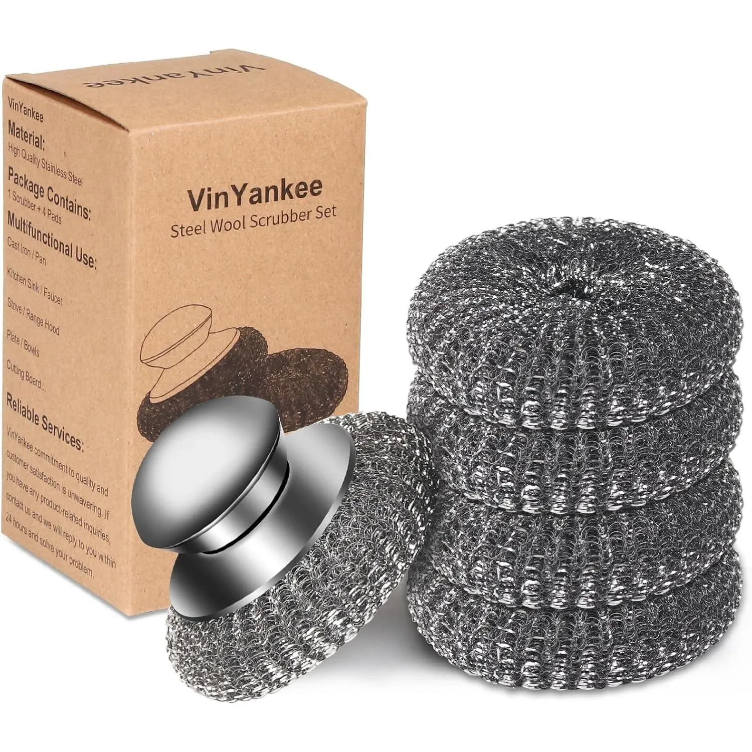 5Pcs Stainless Steel Scrubber Set with Handle, Replacement Wire Sponge Pads for Scouring Stubborn Messes from Cast Iron Pots, Pans (1 Scrubber + 4 Pads)