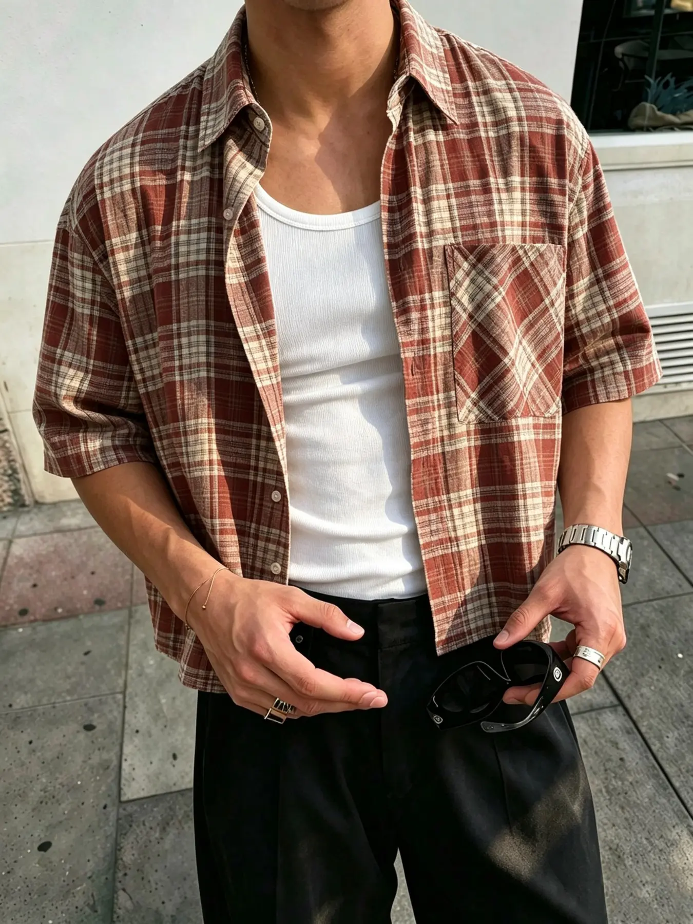 Men's Teenager Loose Classic Plaid Checked Lapel Short Sleeve Shirt, Boxy Trimming Fashion Blouse, Casual Wear for Daily Use, Comfortable and Stylish Design, Casual Trendy Shirt