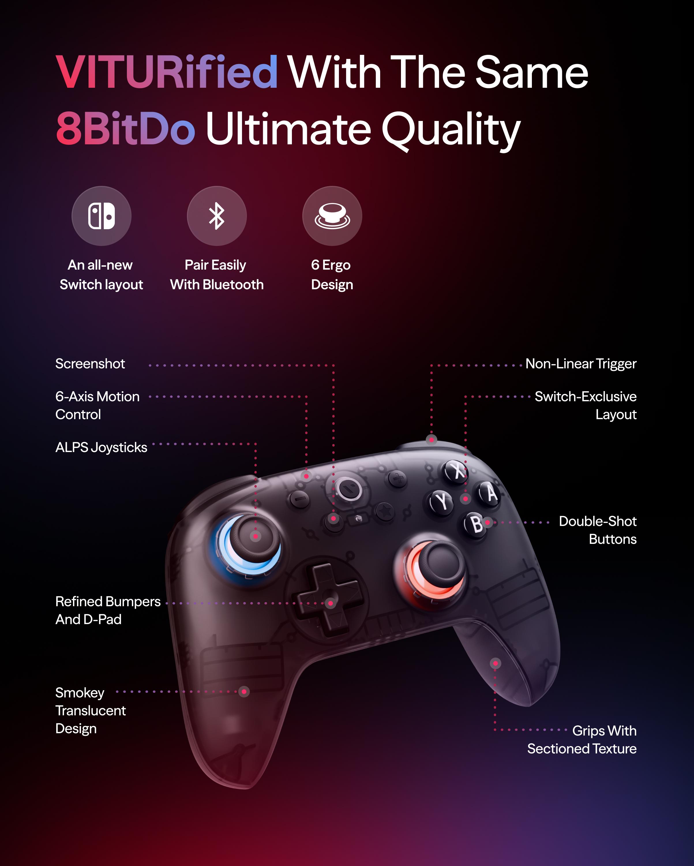 VITURE × 8BitDo Ultimate 2C Bluetooth Gaming Controller for Switch & Switch 2 | 6-Axis Motion Control | Hall Effect Joysticks | Rumble Vibration | Turbo Function | Wake on Shake | Smoky Translucent VITURE × 8BitDo Ultimate 2C Bluetooth Gaming Controller for Switch & Switch 2 | 6-Axis Motion Control | Hall Effect Joysticks | Rumble Vibration | Turbo Function | Wake on Shake | Smoky Translucent