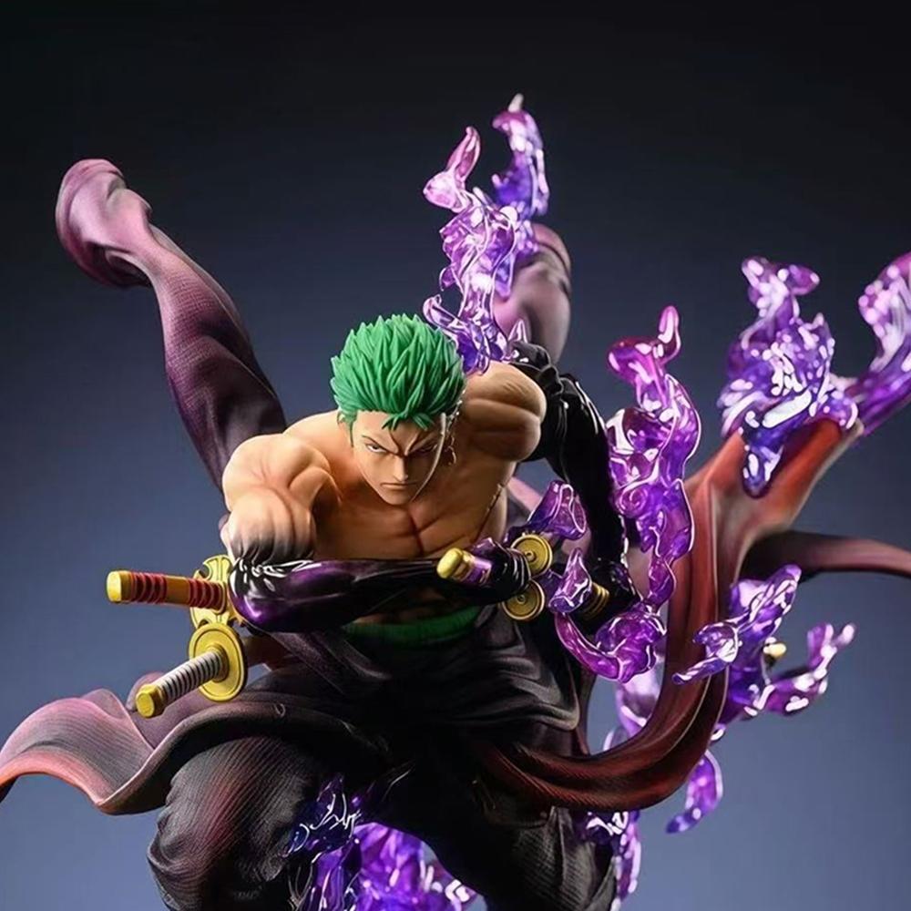 One Piece Roronoa Zoro Figure, Enma Haki Battle Scene, Purple Flame Effect Statue, Anime Model Decor，Drift Rock Base, Desktop Decor Figurine