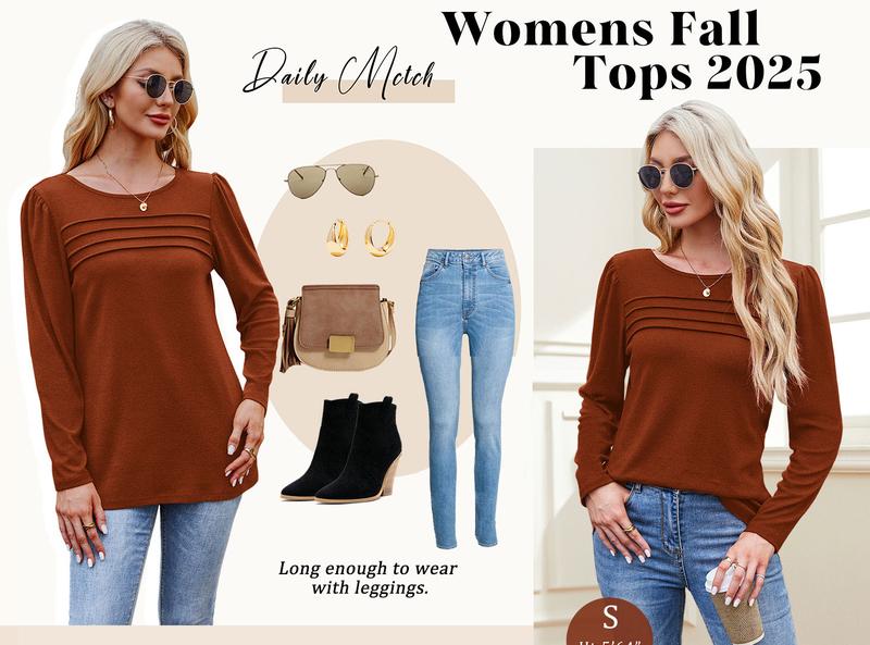 WIHOLL Long Sleeve Shirts for Women Fall Fashion 2025 Dressy Casual Blouses Trendy Pleated Tunic Tops for Leggings