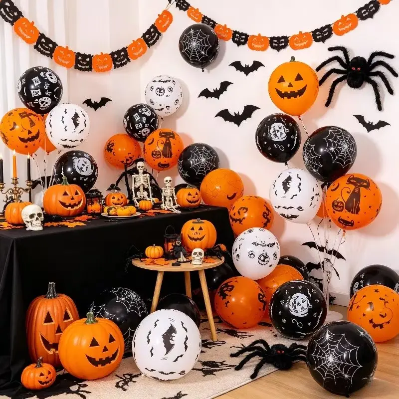 Halloween Paper Banners Set, 5 Flags, 30 Balloons, Pumpkin Ghost Bat Spider Skull Decor, 3m Hanging Ribbons, Party Wreaths, Home Window Wall Decoration