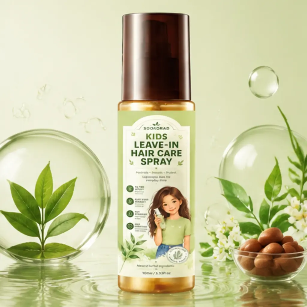 Kids Leave-In Hair Care Spray, tea tree extract, plant-based goodness, hydrate, smooth, protect, easy detangling, daily protection, for kids, hair care, natural herbal ingredients, everyday hair care,
