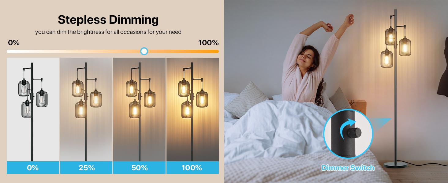 GLITGATE Black Floor Lamp, Dimmable Industrial Gold Floor Lamp Farmhouse Floor Lamps for Living Room with Cages 70'' Tall Lamp Modern Floor Lamp Standing Lamp for Bedroom Office Living Room 3 LED Bulbs Included