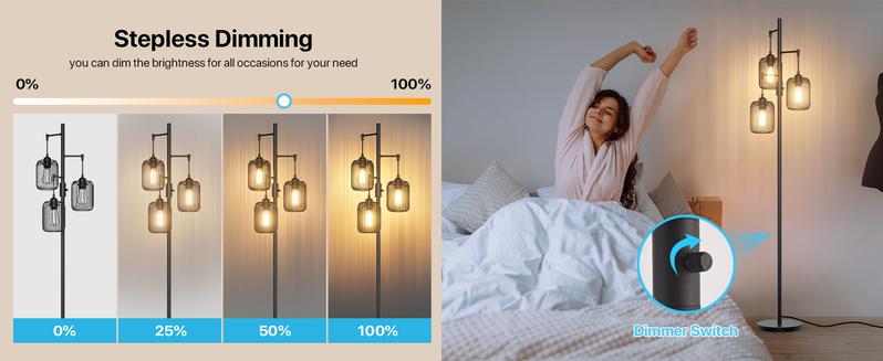 GLITGATE Black Floor Lamp, Dimmable Industrial Gold Floor Lamp Farmhouse Floor Lamps for Living Room with Cages 70'' Tall Lamp Modern Floor Lamp Standing Lamp for Bedroom Office Living Room 3 LED Bulbs Included