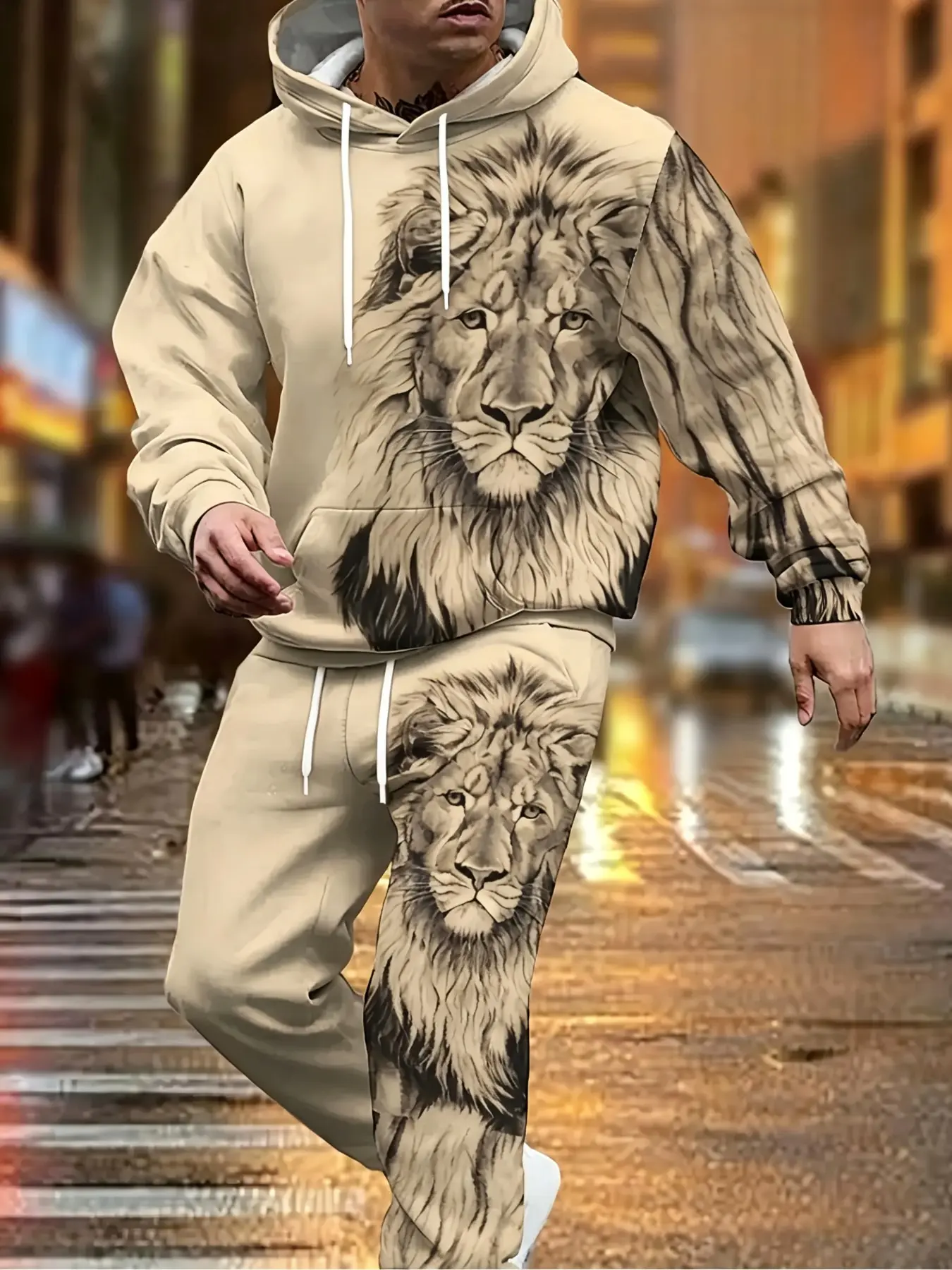 Men'S Twill Hooded Sweatshirt Set With Lion Hoodie And Pants Set 3D Full Body Print