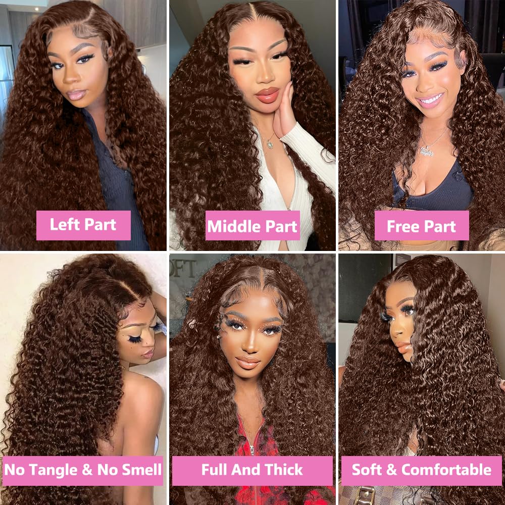 Bling Hair Chocolate Brown Deep Wave 13x4/13x6 HD Transparent Lace Front Wig Human Hair 180 Density Human Hair Wigs Colored Deep Curly Lace Frontal Wigs for Women