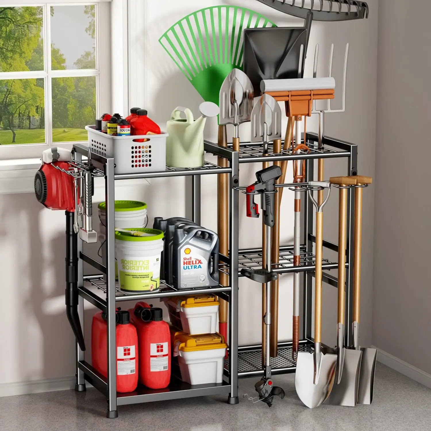 Garden Tool Organizer Storage Metal Yard Tool Organizer Heavy Duty Garden Tool Rack Stand with 2 Extra Hooks, Up To 70 Long Handled Shovels/Rakes/Brooms Holder for Garage,Shed,Outdoor(Black)