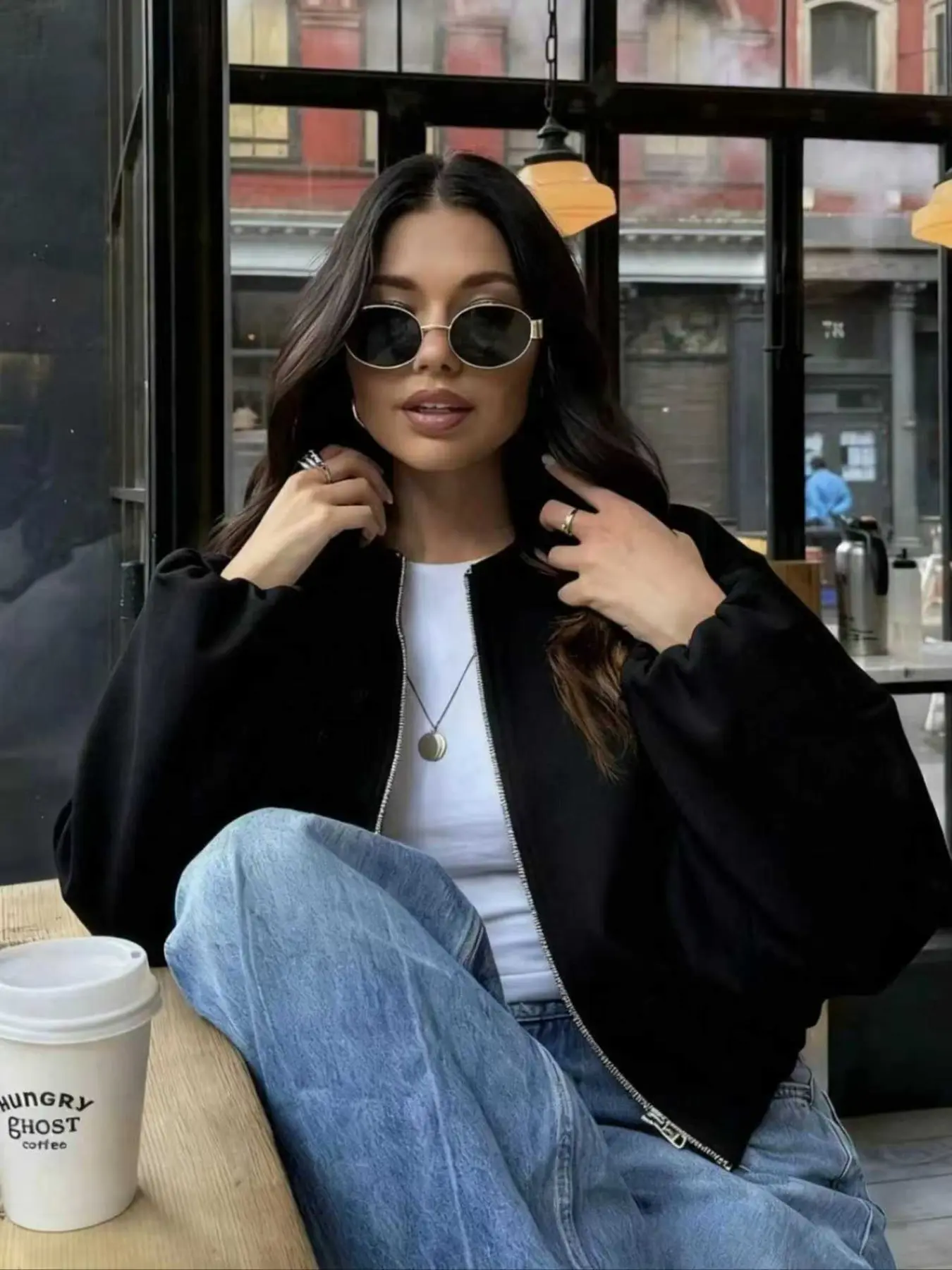 Women's Fall Winter Jacket, Soft Solid Color with Pockets, Zipper Long Sleeve Bomber Coat, Casual Loose-Fit Outerwear for All Seasons, Casual Bomber Jackets