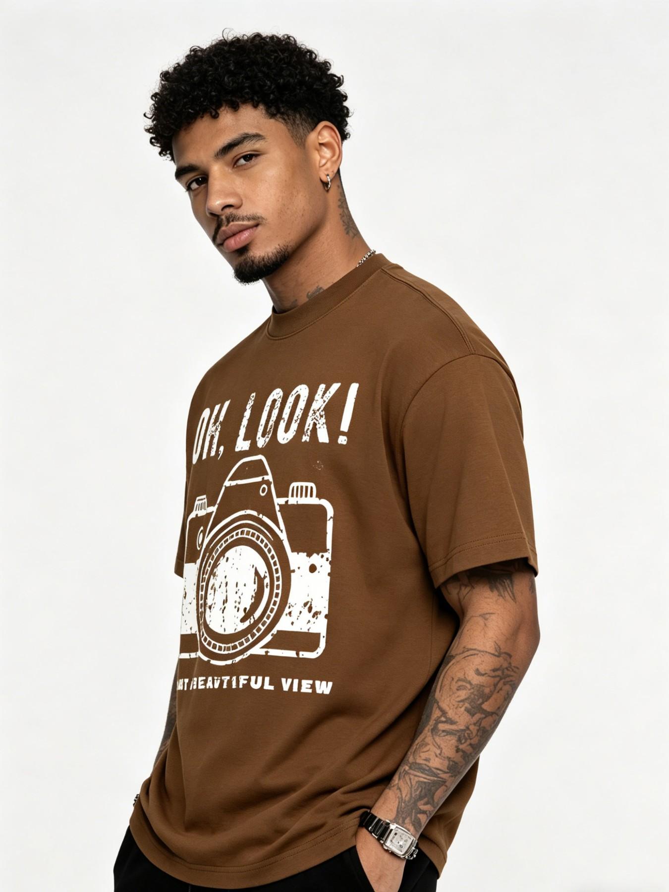 Men's Vintage Camera Pattern Cotton T-Shirt, American Retro Street Style, Casual Loose-Fitting Short Sleeve Top, Long Length