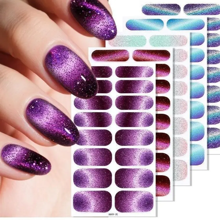 16-Piece Cat Eye Gel Nail Strips, Gradient Shimmer Glitter Wraps, Self-Adhesive Nail Supplies for DIY Manicure, Party, Daily Wear