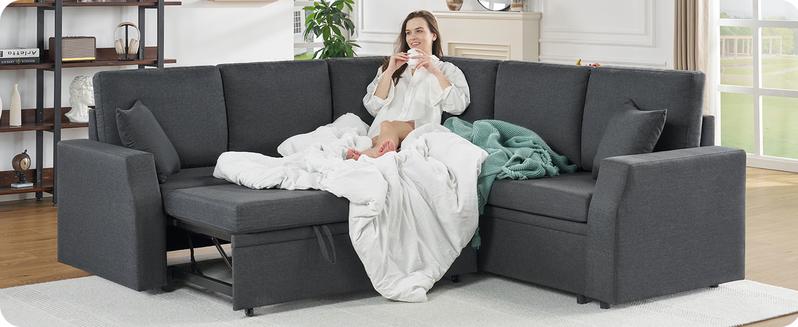 [Ships in 2 Boxes]VanAcc Modern Linen Sofa Bed with 3 Throw Pillows, 85 Inch Upholstered Sleeper Sofa with Pull Out Sofa Bed, L Shaped Sofa Couch with Storage Seat, Sectional Couches for Living Room, Apartment