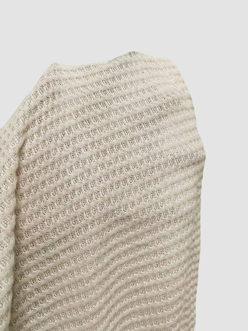 Women's Solid Color V Neck Drop Shoulder Long Sleeve Casual Loose Waffle Knit T-Shirt, Basic Spring & Fall Fashion, Comfortable Fit