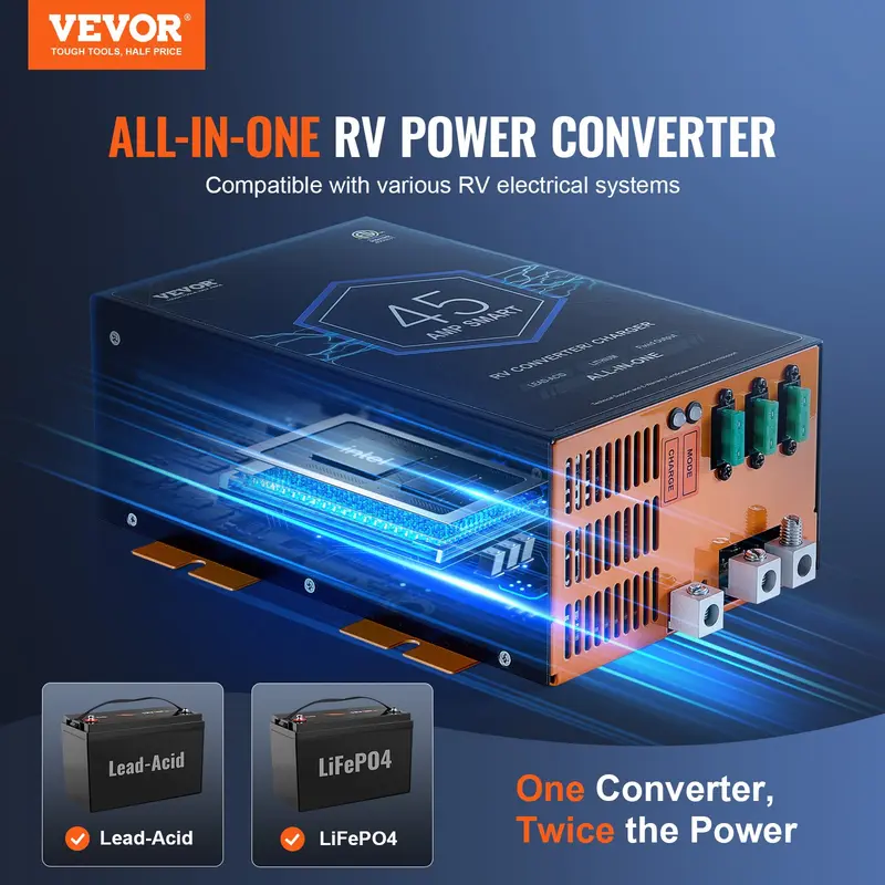 VEVOR 45A RV Power Converter Battery Charger, 110V/120V AC to 12V DC, 4-Stage Smart Charging, 13.0-16.5V Adjustable Operating Range, 30Ah-50Ah Compatible, for Lithium/Lead Acid Batteries, ETL Listed, Advanced Protection, Backup Fuse, Ideal for Road Trips