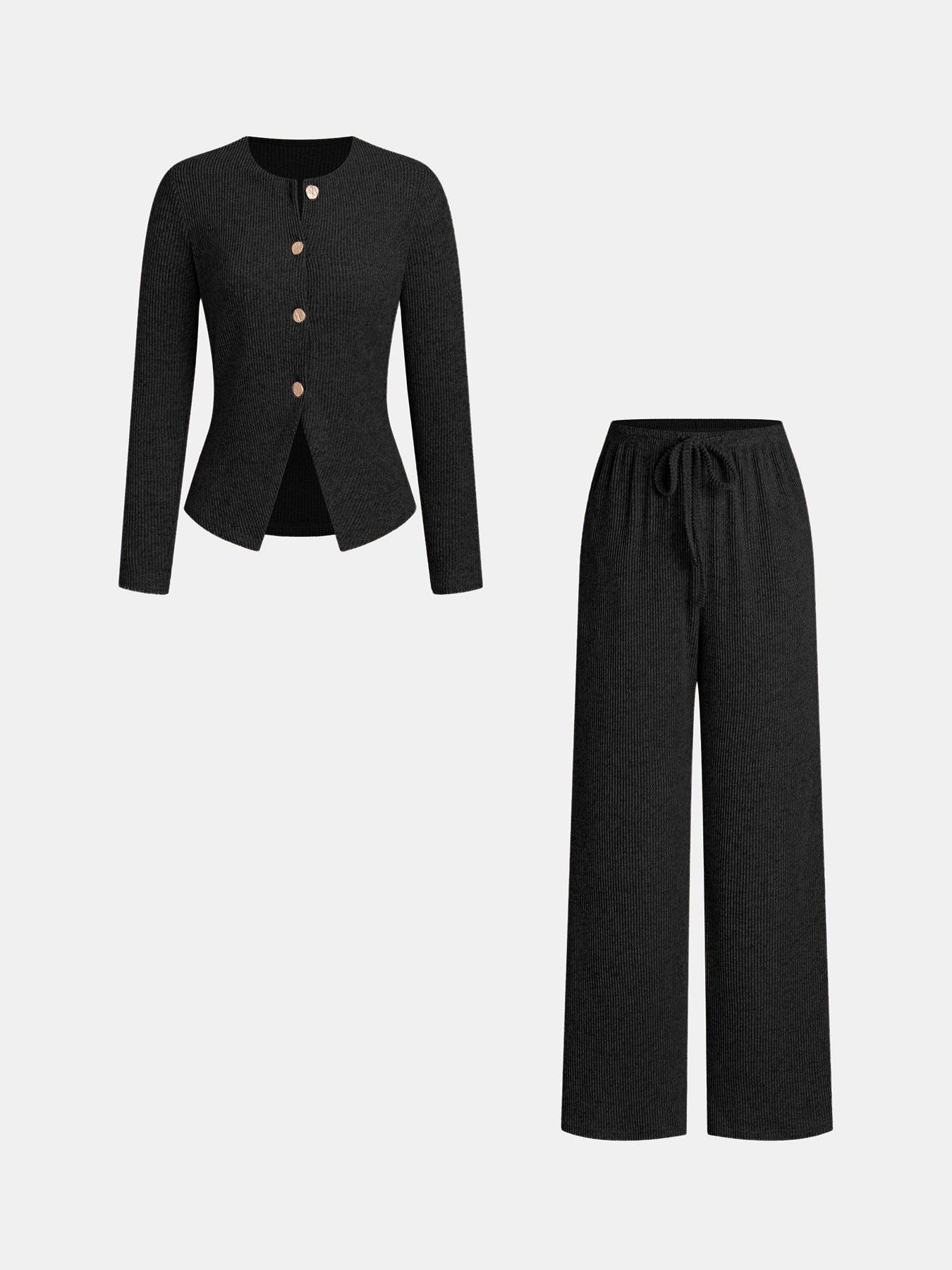 Women's Autumn Winter Set, Knitted Long Sleeve Boat Neck Top with Buttons & Ribbed Long Pants, Casual Loose Fit for Ladies