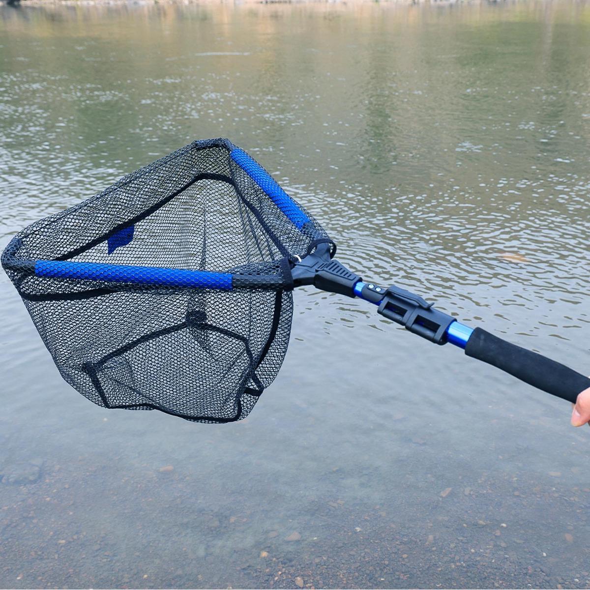 Floating Fishing Net with Rubber-Coated Base for Easy Catching of Steelhead, Salmon, Fly Fish, Catfish, Bass, Trout, Portable Collapsible Stretchable Fish Net