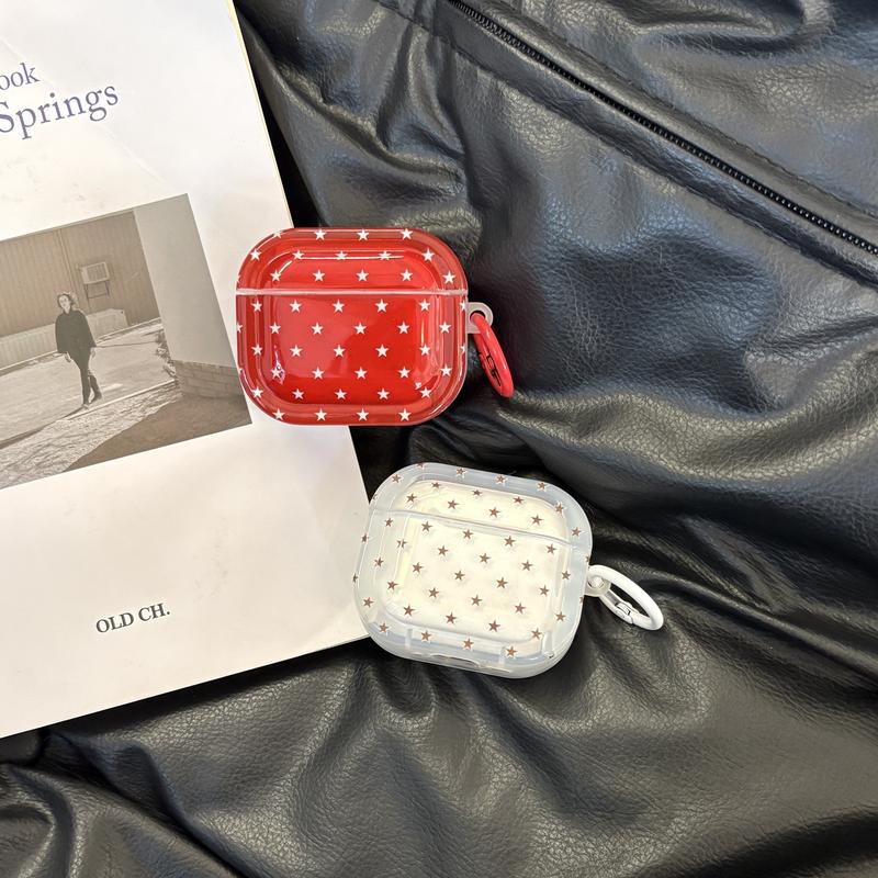 Simple Full Screen Five-Pointed Star Patterns with Ring Tetragonum Transparent Red White  Protective Earphone Case Suitable for AirPods Pro3 Pro2 1 2 3 4 Pro