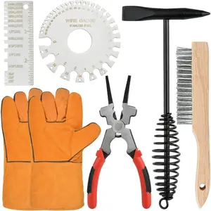 6 count Welding Slag  Set, 10 Inch Welding Chipping Hammer with Coil Spring Handle, Welding Pliers, Wire Brush, Metal Sheet Thickness Gauges and Welding Gloves for Removing Slag