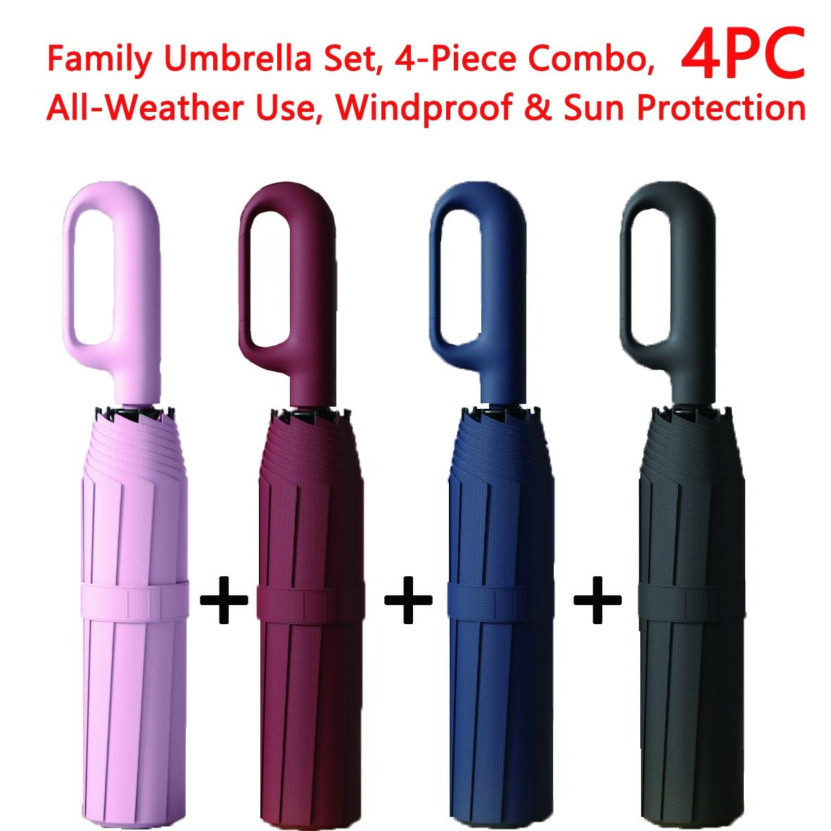 Creative Ring Handle 10k Dual Bone Rain Umbrella Set, Windproof Waterproof, Portable Design, Automatic Opening, Four-Piece Combination, Folding Umbrella, Rainproof Umbrella