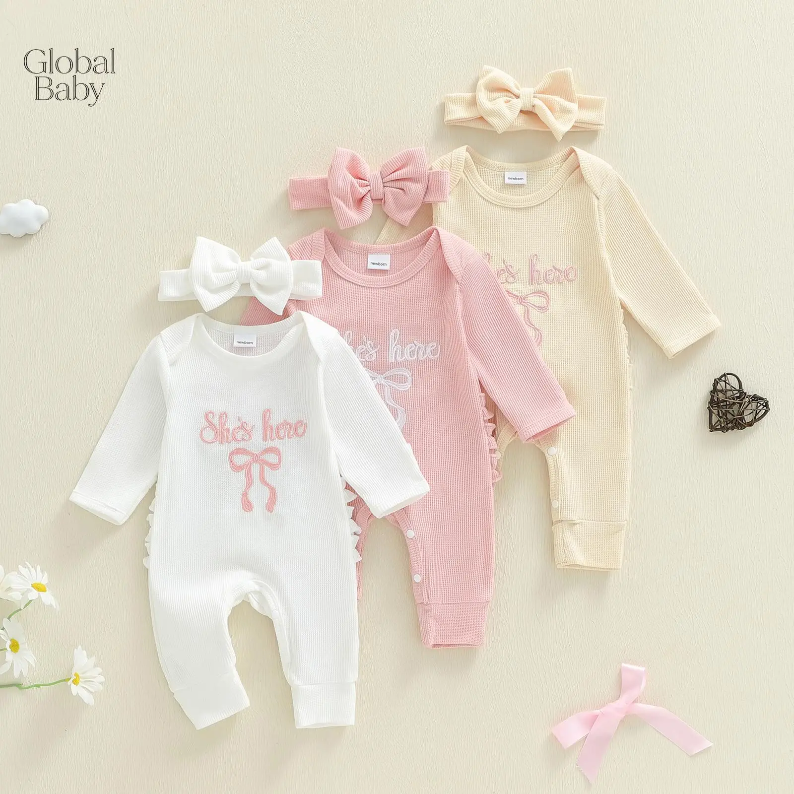 Baby Girl Waffle Knit Romper Set, "She's Here" Bow‑Embroidery Long Sleeve Onesie with Side Ruffle Details, Matching Bow Headband Newborn Coming‑Home Outfit