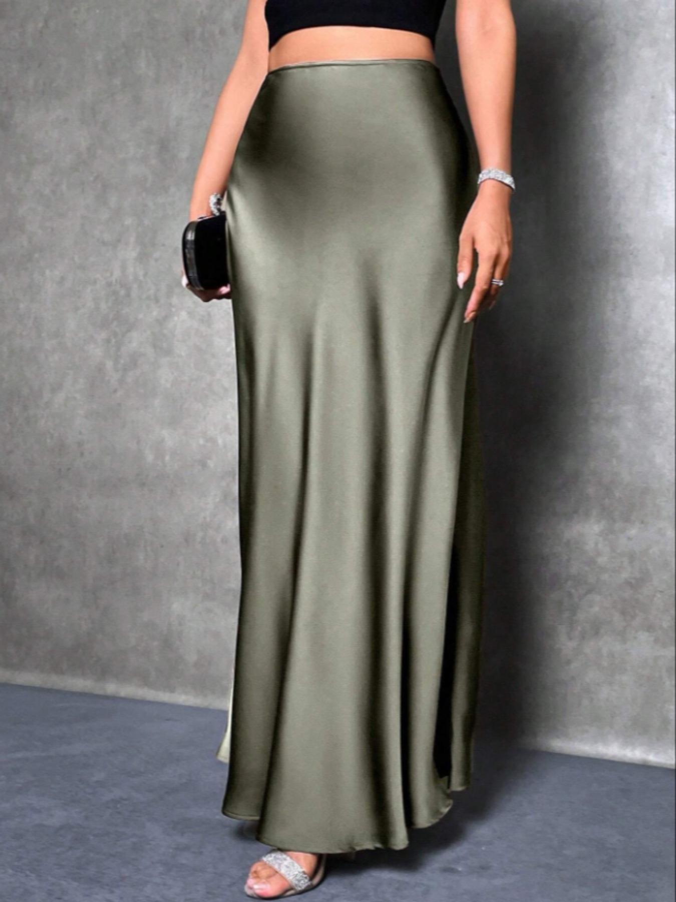 Elegant Women's Satin Woven Midi Skirt, Versatile High Waist Fitted A-Line Dress, Perfect for Parties & Daily Wear, Stylish Ladies' Fashion