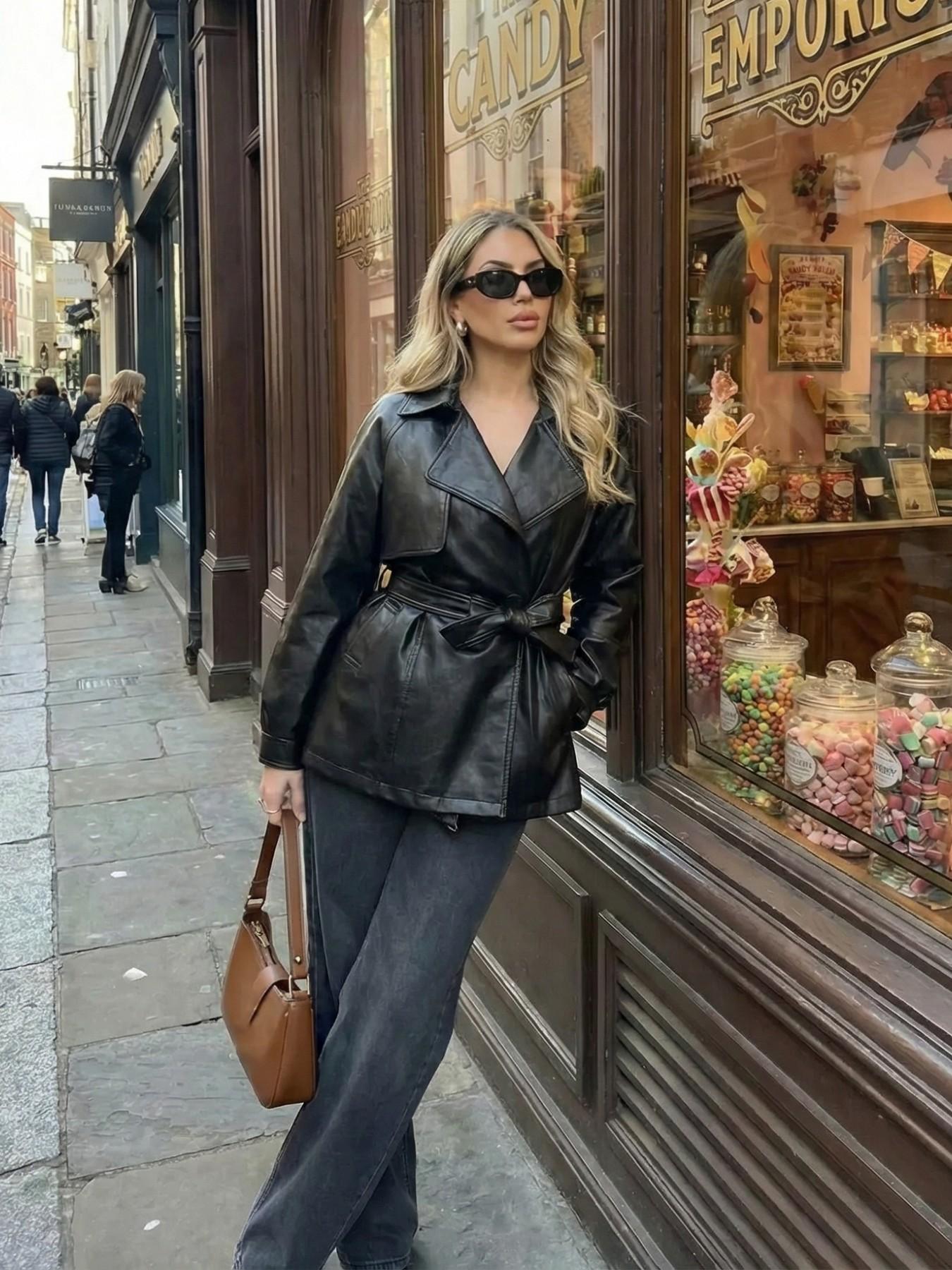 Elegant Belted Waist Long Sleeve Leather Jacket for Women, Fall Winter Loose Fit Casual Double-Breasted Windbreaker, Trendy Outerwear