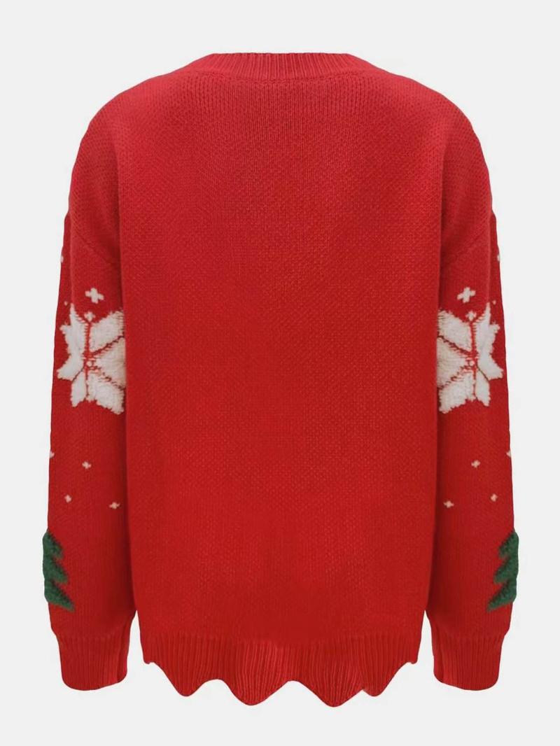 Women's Christmas Tree Print Scallop Trim Drop Shoulder Sweater Pullover, Casual Long Sleeve Round Neck Jumper for Fall & Winter, Ladies' Knitwear for Daily Wear