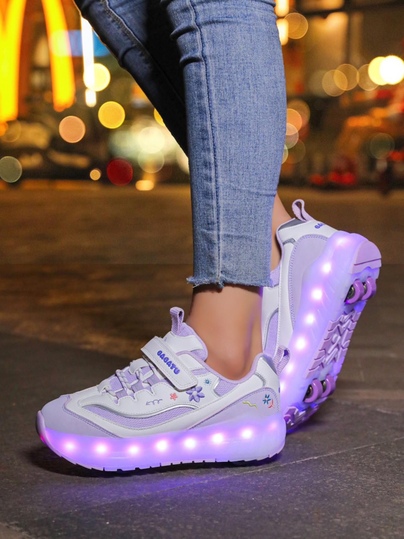 Girls' Four-Wheel Roller Skates, New Wheel Sports Shoes, Adjustable Velcro Skate Shoes, Breathable Mesh, LED Light-Up, USB Charging, Shoes with Wheels