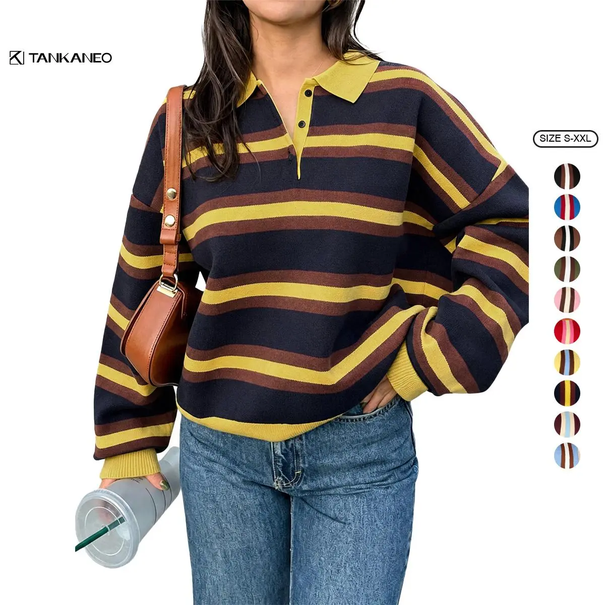 Tankaneo Sweaters for Women Striped Polo Sweater Casual Pullover Knit Tops | Button V Neck, Trendy, Fall Outfits, Winter Clothes