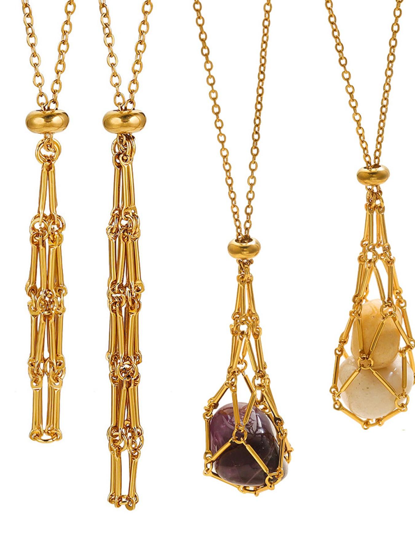 Stainless Steel Mesh Cage Necklace with Gemstone Inlay, Adjustable Pocket Pendant Jewelry, Chain Link Necklace, 1 Piece Pack, Elegant Accessory, Single Gem Necklace