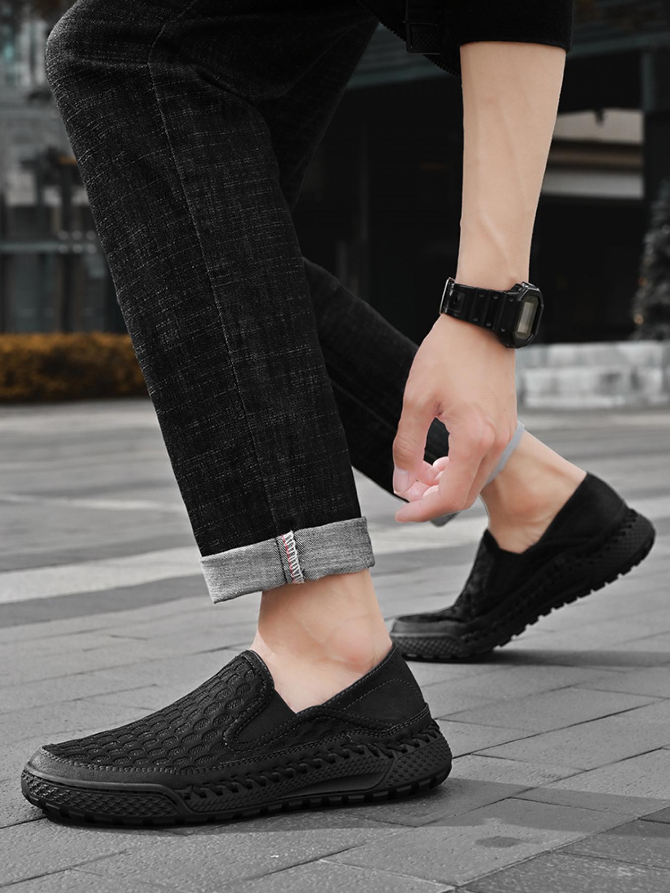 Men's Solid Color Mesh Breathable Slip-On Loafers, Soft Sole Anti-Slip Hand-Stitched Walking Shoes, Lightweight Casual Dad Shoes