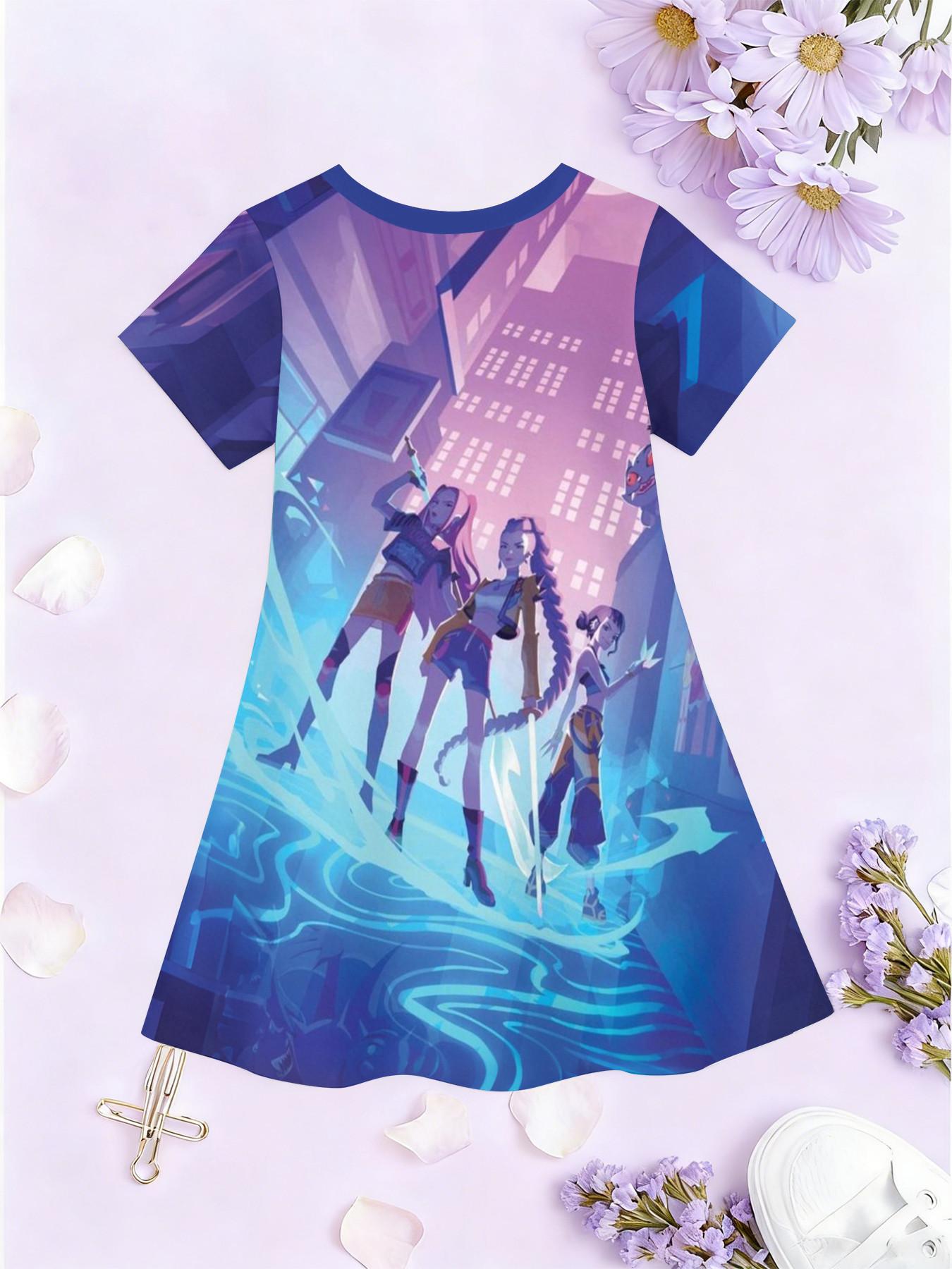 Girls' 3D Short Sleeve Dress, K-Pop Demon Hunters Neon Stage Print, Summer Party Wear, Perfect for Gifts and Birthdays