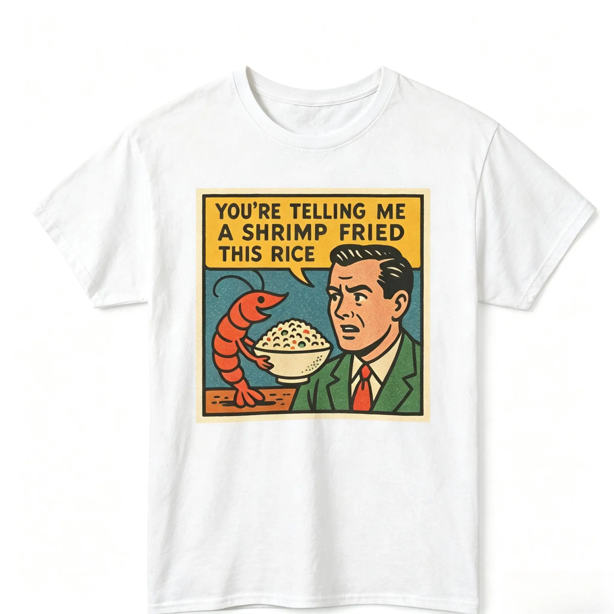 Men's Baggy Retro Shrimp Fried Rice Meme Art T-Shirt - Classic Short-Sleeve Round Neck, Funny Comic Graphic, Soft Cotton Knit Ribbed Fabric, Seamless, Double-Stitched Menswear Casual Tee